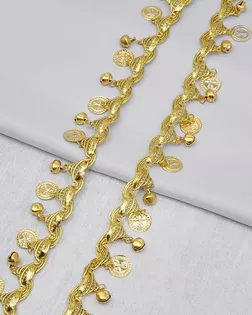 3Al210 Тесьма металлизированная с монистами и бубенчиками 3,5см*9,14м (золото) арт. АРС-65579-1-АРС0001311654