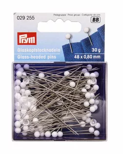 029255 Булавки со стекл. головками,закаленная сталь,2/0 серебристый цв., белый 0,80*48мм Prym арт. АРС-21446-1-АРС0000851055