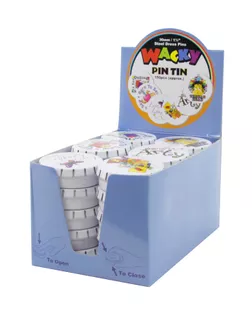 Булавки - гвоздики "WACKY PIN TIN" в жестяных круглых коробочках (30 шт) , картонный дисплей арт. ГЕЛ-2471-1-ГЕЛ0060830