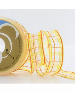 Лента органза с рисунком с проволокой по краю SAFISA ш.2,5см 15м (32 белый/желтый) арт. ГЕЛ-13738-1-ГЕЛ0109361