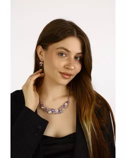 Набор 2 предмета: серьги, колье "Листочки", цвет розовый в серебре арт. СМЛ-86-1-СМЛ1002990