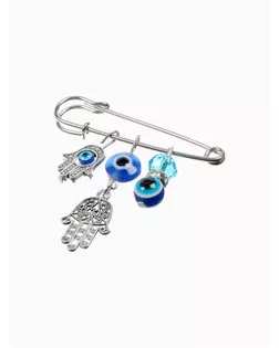 Булавка-оберег 3 подвески "Рука Хамса с бусиной", 5см, цвет синий в серебре арт. СМЛ-1797-1-СМЛ1641186