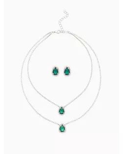 Набор 2 предмета: серьги, колье "Жаклин" дуэт, капля, цвет бело-изумрудный в серебре арт. СМЛ-40122-1-СМЛ0002531523