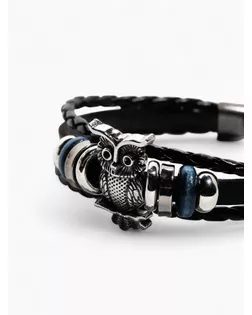 Браслет кожа "Совушка", цвет чёрный в серебре арт. СМЛ-17563-1-СМЛ4001655