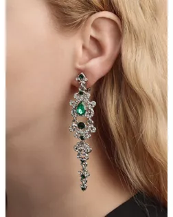 Клипсы "Ажур" капли с завитками, цвет бело-изумрудный в серебре арт. СМЛ-124919-6-СМЛ0004929757