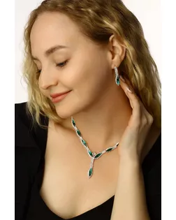 Набор 2 предмета: серьги, колье "Листопад" тонкий ромб, цвет зелёно-белый в серебре арт. СМЛ-33732-1-СМЛ4306152