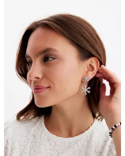 Серьги "Новогодние" снежинки со стразами, цвет белый в серебре арт. СМЛ-129214-1-СМЛ0005571917