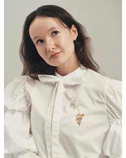 Брошь "Кошачий глаз" ласковая кошечка, цвет бежевый в золоте арт. СМЛ-142051-1-СМЛ0005600464