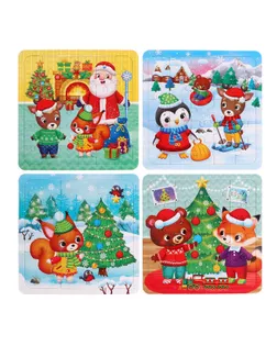 Пазлы 4 в 1 "Новый год у зверят", 9, 16, 25, 36 элементов арт. СМЛ-168636-1-СМЛ0006536584