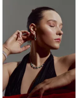 Набор 2 предмета: серьги, колье «Листопад» утончённый ромб, цвет бело-изумрудный в серебре, 32 см арт. СМЛ-248119-1-СМЛ0007825860