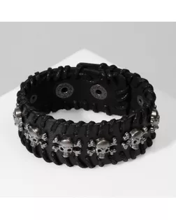 Браслет кожа «Череп» с костями, цвет чёрный с серебром, 20 см арт. СМЛ-251689-1-СМЛ0009302517