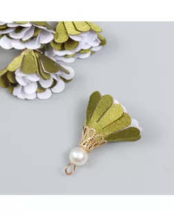 Декор текстиль "Цветок 2 цвета с жемчужиной. Оливковый и белый" набор 6 шт 3 см арт. СМЛ-253563-1-СМЛ0009464316