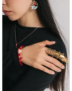 Браслет «Япония» кошечка с бусинами, цветной в золоте, 16 см арт. СМЛ-253779-1-СМЛ0009473127