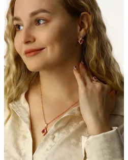 Гарнитур 2 предмета: серьги, кулон "Эдель", цвет красно-розовый в золоте арт. СМЛ-24755-1-СМЛ0751872