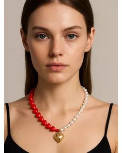 Бусы с жемчугом «Сердце» бусины, красно-белый в золоте арт. СМЛ-273561-1-СМЛ0010841106