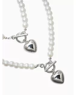 Набор 2 пред-та: бусы.браслет "Жемчуг", сердце, цвет белый в серебре L=18/42см №8 арт. СМЛ-282591-1-СМЛ0010936547