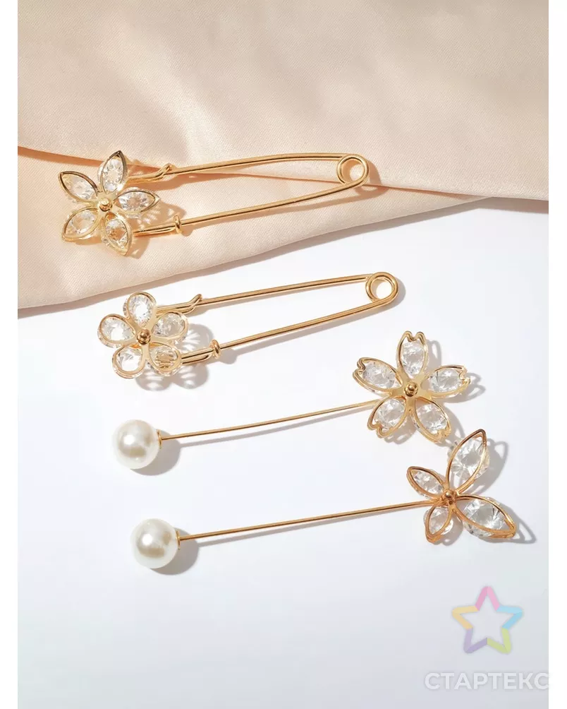 Набор булавок (4шт) "Цветы", цвет белый в золоте арт. СМЛ-200826-1-СМЛ0007165049 - рис. 4