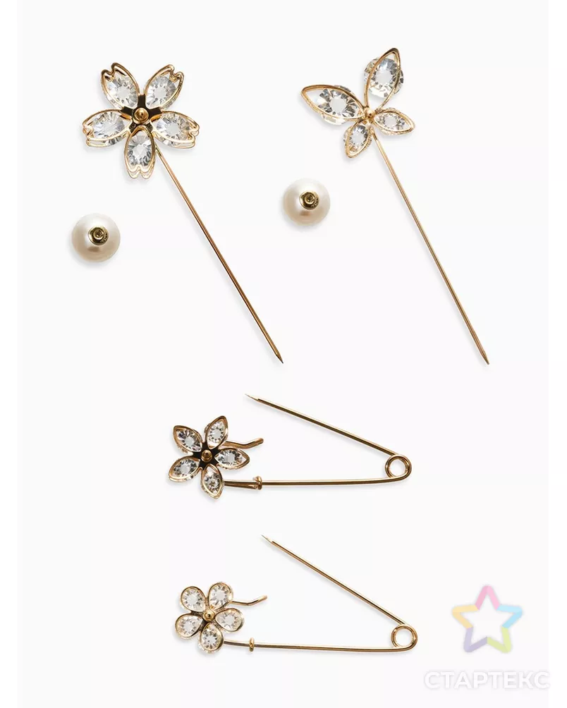 Набор булавок (4шт) "Цветы", цвет белый в золоте арт. СМЛ-200826-1-СМЛ0007165049 - рис. 1